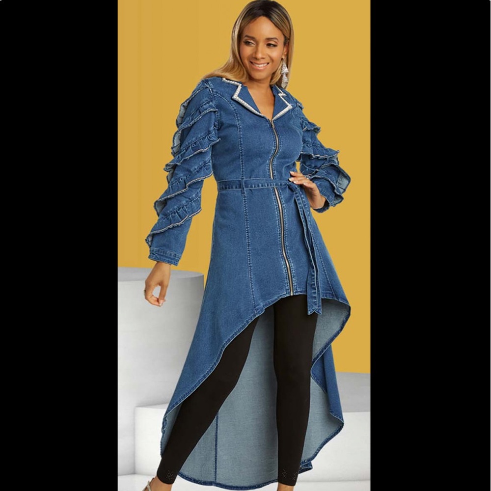 🔥🔥NEW 1pc Stretch Denim High-Low Tunic With Elaborate Rhinestone Trim Design